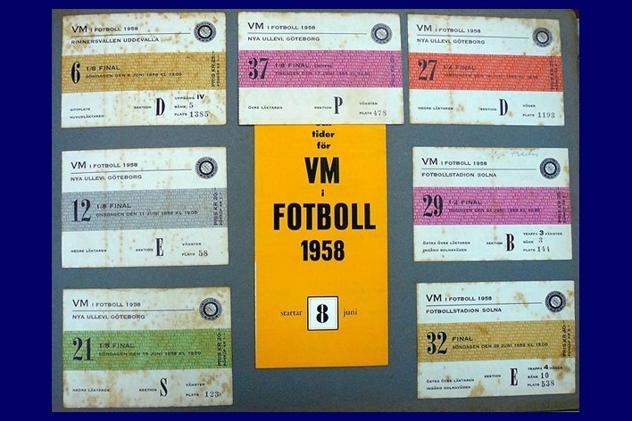 Ingressos de jogos da Copa do Mundo da Suécia, em 1958 [Acervo Naydina Aranha de Freitas]