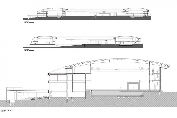 Projeto Sirius, cortes gerais AA e BB e corte parcial A1, Campinas SP, 2019. Paulo Bruna Arquitetos Associados<br />Imagem divulgação  [Paulo Bruna Arquitetos Associados]