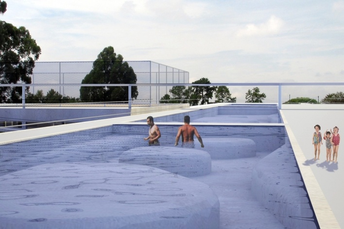 Concurso de Propostas Arquitetônicas para o futuro SESC Guarulhos, 6º lugar, piscina. Escritório MMBB Arquitetos<br />Desenho divulgação 