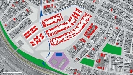 Foto aérea de implantação com proposta de intervenção no bairro e exemplos de disseminação do modelo proposto<br />Imagem dos autores do projeto 