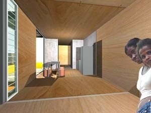 O revestimento interno de madeira traz para o ambiente a tradição da casa amazonense e cria camada de ar isolante térmico<br />Imagem dos autores do projeto 