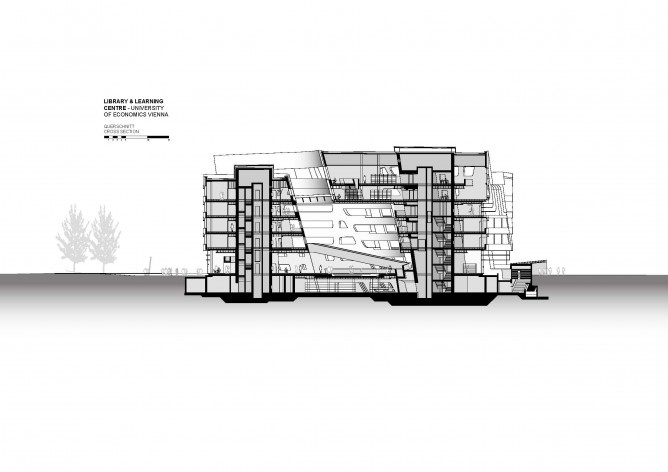 Biblioteca e Centro de Aprendizagem, Universidade de Economia e Negógios de Viena, corte transversal. Zaha Hadid Architects