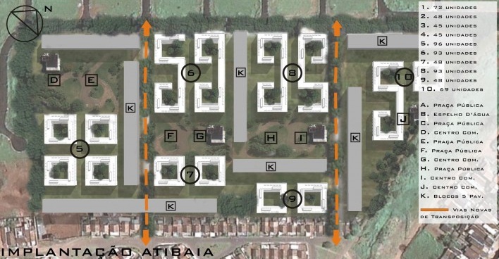 Implantação urbana /Atibaia. Concurso Habitação para Todos - CDHU. Edifícios de 3 pavimentos - 1º Lugar.<br />Autores do projeto  [equipe vencedora]