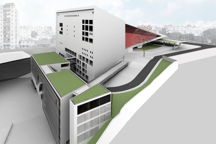 Complexo Teatro Castro Alves, relação entre os dois edifícios, Salvador, 4º lugar concurso. Pablo Emilio Hereñú, Eduardo Ferroni, José Paulo Gouveia e Fernanda M. Palmieri, 2010<br />Desenho escritório 