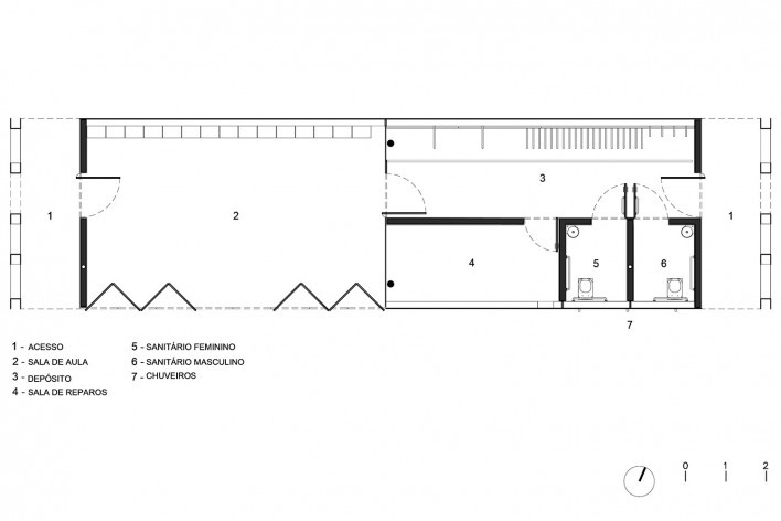 Requalificação urbana e ambiental da orla de Ilha Comprida, Edifício Escola de Surf, planta, 2019. Arquitetos Marcos Boldarini e Lucas Nobre<br />Imagem divulgação 