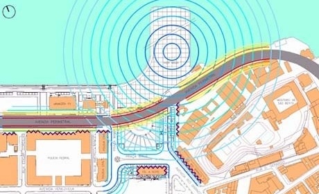 Mapa diagnóstico de ruídos da Praça Mauá (tons azuis – escala de ruídos abaixo da Perimetral, tons vermelhos – escala de ruídos na Perimetral, e, roxo – barreira sonora edificada)<br />Imagem dos autores do projeto 