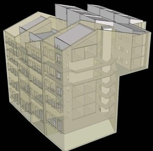 Modelo tridimensional da proposta com distribuição interna e circulação vertical<br />Imagem dos autores do projeto 