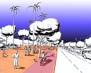 Vista parcial do canteiro central da Avenida Goiás com destaque para a ciclovia proposta