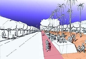 Vista parcial do canteiro central da Avenida Goiás com destaque para patamar elevado para manifestações culturais juntamente com área para mesas atendidas pelos quiosques metálicos