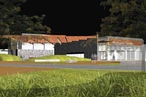 A estrutura de cobertura do anfiteatro, em madeira, serve como elemento de ligação entre este e o teatro, que em projeto recebe tratamento em madeira na fachada. O plano de pedras serve como elemento de transição e acesso diferenciado ao complexo<br />Imagem do autor do projeto 