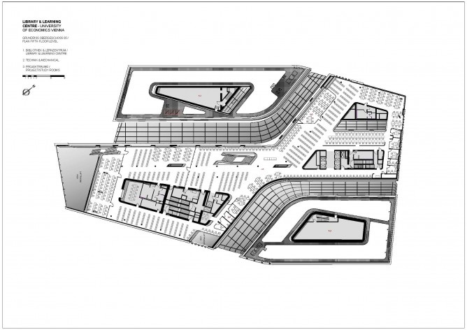Library and Learning Centre, University of Economics & Business Vienna, plan fourth floor level. Zaha Hadid Architects