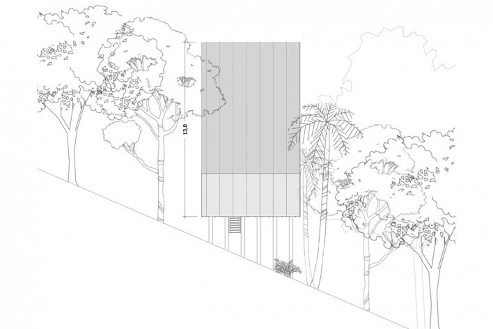 Monkey House, lateral elevation, Paraty RJ Brasil, 2020. Architect Marko Brajovic / Atelier Marko Brajovic<br />Imagem divulgação/ disclosure image  [Atelier Marko Brajovic]