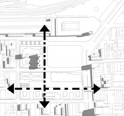 Complexo habitacional e cultural Júlio Prestes, São Paulo, arquitetos Mario Biselli e Arthur Katchborian<br />Diagrama 05: eixos permeáveis 