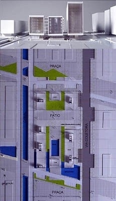 Proposta das quadras – gabaritos máximos: dez pavimentos junto às vias coletoras e seis pavimentos junto aos canais<br />Imagem dos autores do projeto 