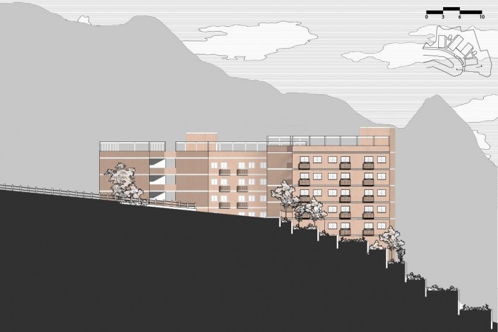 Habitacional Humuarana, fachada sudeste, com terraceamento do terreno em primeiro plano, Rio de Janeiro, 2020. Arquiteto Luiz Carlos Toledo e estagiário Maciel Antônio da Silva