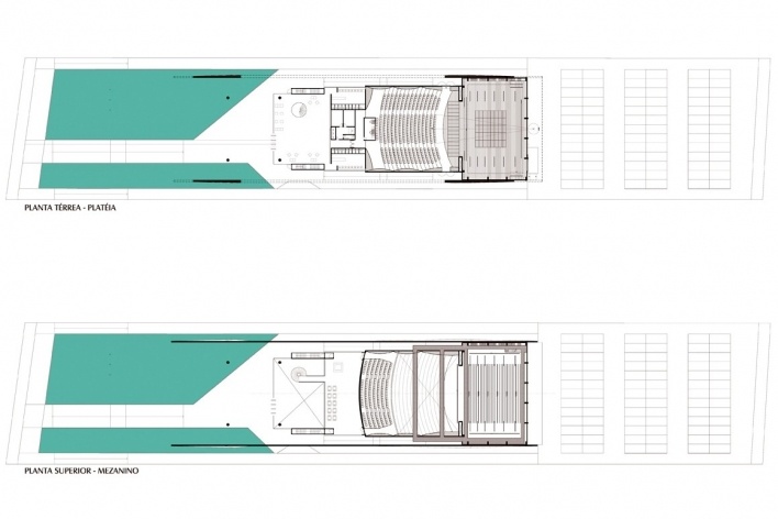 Plantas térreo (platéia) e superior (mezanino)<br />Imagens dos autores 