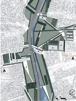 Ampliação A:
1. Sala de espetáculos
2. Área de apresentações ao ar livre
3. Avenida/ Marquise
4. Edifício comercial/ parada de ônibus
5. Hospital
6. Habitação de interesse social<br />Imagem dos autores do projeto 