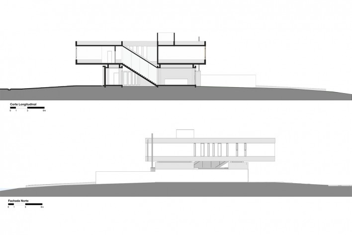 House TR1215, longitudinal section and North facade, Porto Alegre RS Brasil, 2019. Architects Diego Brasil and Anderson Calvi / BR3 Arquitetos<br />Imagem divulgação/disclosure image  [BR3 Arquitetos]