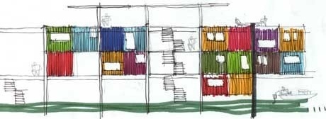 Elevação – grelha estrutural em prefabricados de concreto preenchida por containers expropriados<br />Imagem dos autores do projeto 