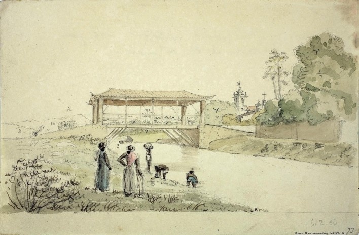 Brazil, Rio de Janeiro, Roofed Bridge over River, 6 feb 1826<br />William John Burchell  [Collection Museum Africa, Johannesburg]