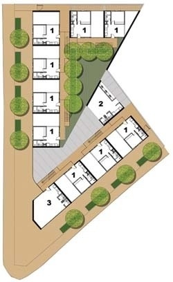 Planta baixa do pavimento térreo (1- unidade habitacional, 2 – centro comunitário, 3 – unidade comercial)
  	  	 <br />Imagem dos autores do projeto 