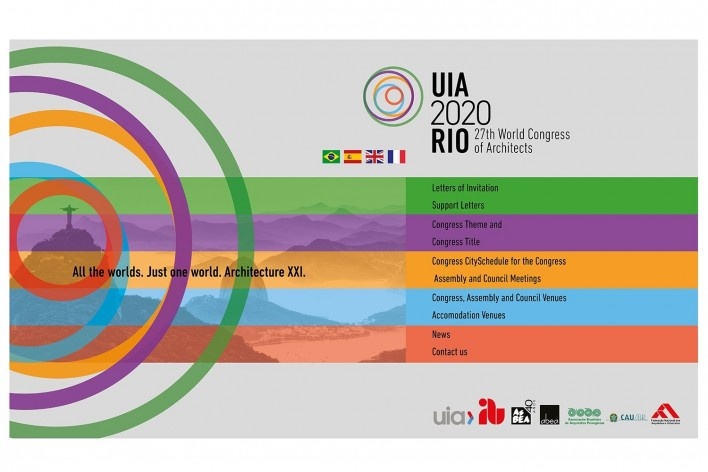 Concurso nacional para a marca do UIA Rio, primeiro lugar. Aplicação em página eletrônica. Glaucio Campelo e Suzana Valladares / Unidesign