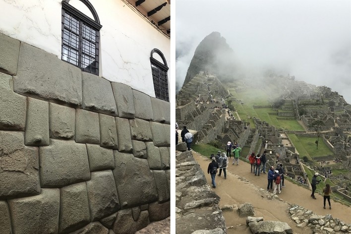 À esquerda, Hatunrumiyoc Cusco, pedra dos 12 ângulos; à direita, Machu Picchu<br />Foto José Lira 