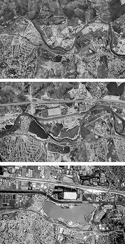 Formação da Lagoa de Carapicuíba.Aerofotos 1962, 1972, 2001<br />Imagem dos autores do projeto 