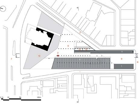 Planta:1.Rua Guimarães Rosa; 2.Rua Martinho Prado; 3.Praça de entrada da galeria; 4.Elevador; 5.Túnel; 6.Biblioteca; 7.Rua da Consolação; 8.Rua Augusta; 9.Galeria / Choperia; 10.Praça; 11.Rua de Livros; 12.Plano inclinado; 13.Sanitários; 14Av. 9 de Julho<br />Imagem dos autores do projeto 