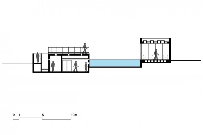 Bar/pool/gallery, transversal section. BCMF arquitetos + MACh arquitetos
