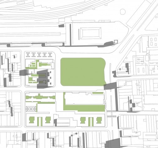 Complexo habitacional e cultural Júlio Prestes, São Paulo, arquitetos Mario Biselli e Arthur Katchborian<br />Diagrama 02: áreas verdes 