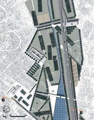 Ampliação B:
1. Escola pública existente
2. Praça alagável rebaixada
3. Travessia de pedestres
4. Avenida/ Marquise
5. Área para apresentações e uso múltiplo
6. Edifício comercial/ parada de ônibus<br />Imagem dos autores do projeto 