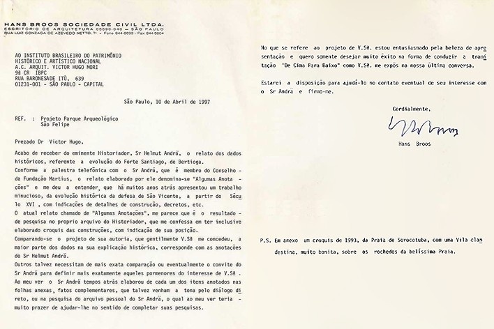 Carta de Hans Broos a Victor Hugo Mori, diretor do Iphan SP, datada de 10 de abril de 1997 [Acervo Iphan Regional SP]