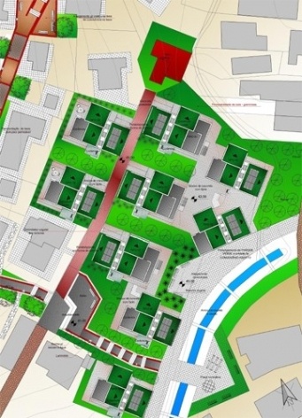  	

Implantação do condomínio, privilegiando liberação do solo para maior permeabilidade e áreas verdes e orientação solar adequada<br />Imagem dos autores do projeto 