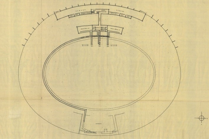 Estádio Vivaldo de Lima, planta subsolo (detalhe). Arquiteto Severiano Porto, 1965<br />Escaneamento de Cláudio Muniz  [Acervo do Núcleo de Pesquisa e Documentação – FAU/UFRJ – Brasil]