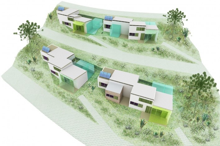 Visualização. Concurso Habitação para Todos. CDHU. Casas escalonadas - 2º Lugar.<br />Autores do projeto  [equipe premiada]