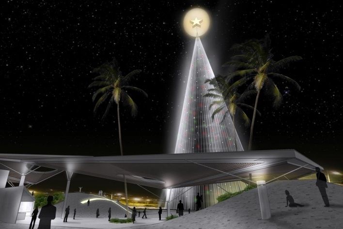 Praça do Natal, Natal RN Brasil, noturna com árvore, 2° lugar Concurso Público de Arquitetura. Estúdio América, 2009<br />Desenho escritório 