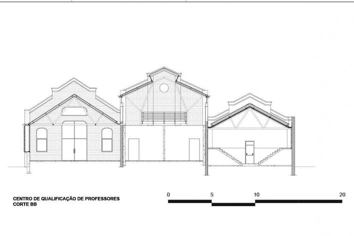 Fábrica de Sal – Centro Educacional de Ribeirão Pires, corte transversal do Centro de Qualificação de Professores, 2001-2003. Arquitetos Rafael Perrone e Márcio do Amaral<br />Imagem divulgação 