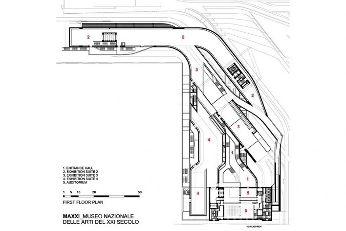 MAXXI – Museu de Arte do Século XXI, planta primeiro piso, Roma, Itália, 1998-2009. Zaha Hadid Architects<br />Desenho Zaha Hadid Architects 