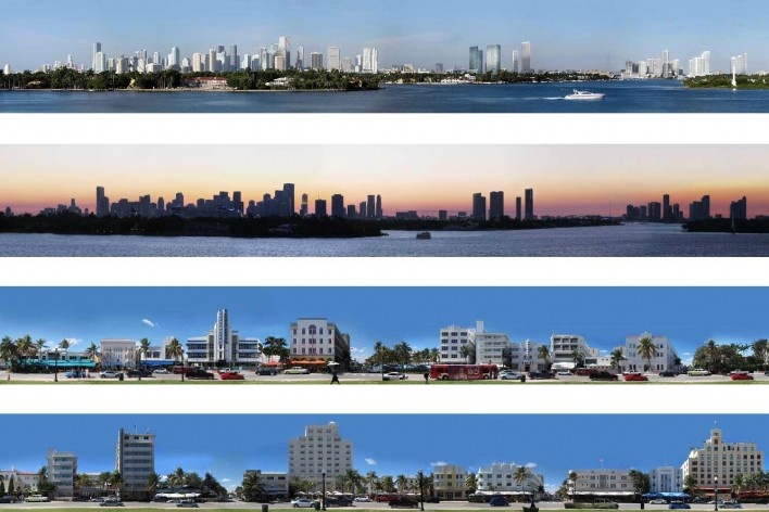 Panorâmicas: 1. Miami de dia; 2. Miami no anoitecer; 3 e 4. Arquitetura art deco e protomodernista, Ocean Drive, Miami<br />Fotos Victor Hugo Mori 