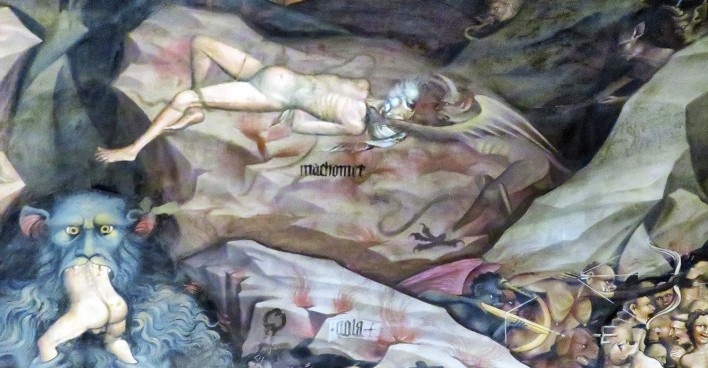 Afresco <i>Juízo final</i>, detalhe de Maomé no inferno, Giovanni da Modena, Basílica di San Petronio, Bolonha, Itália<br />Foto Victor Hugo Mori 