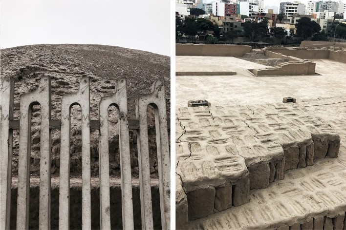À esquerda, muro protetor do Museo de Sitio Huaca Pucllana, Lima, distrito de Miraflores; à direita, estrutura em “adobitos” nas ruínas de Huaca Pucllana<br />Foto José Lira 