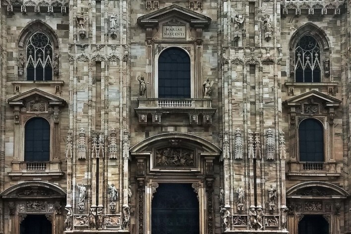 Duomo, detalhe da fachada, Milão, Itália<br />Foto Jeferson Francisco Selbach, janeiro 2018 