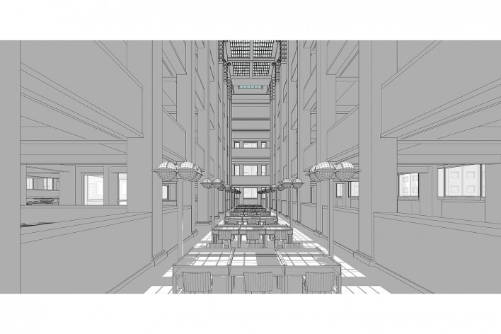 Edifício Larkin, Buffalo, Nova York, EUA, 1905. Arquiteto Frank Lloyd Wright<br />Modelo tridimensional Ana Clara Pereira dos Anjos / Imagem Edson da Cunha Mahfuz 