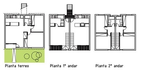 Plantas Tipologia A: Simples 2q + Duplex 2q<br />Imagem dos autores do projeto 