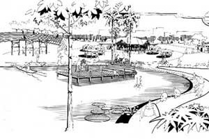 Perspectiva do lago, teatro de arena e lanchonete - lado leste<br />Imagens dos autores do projeto 