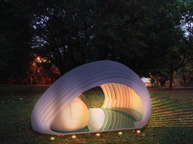 Projeto de quiosque para parques públicos de São Paulo, Vista noturna, Angela Ishibashi e Rafael Derderian. 2º. prêmio categoria estudantes, 2009.