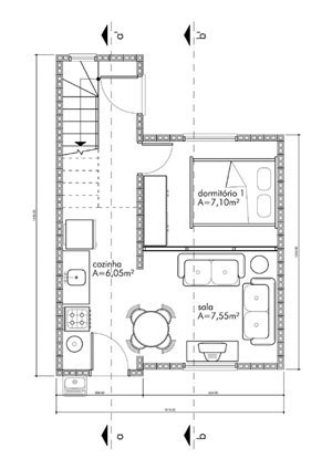 Planta baixa térreo: cozinha, circulação, quarto e sala<br />Imagem dos autores do projeto 