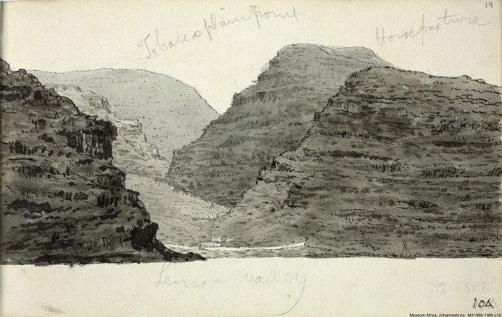 St. Helena Island, Lemon Valley, Tobacco plain point, Horsepasture pen and ink and wash, 1808<br />William John Burchell  [Collection Museum Africa, Johannesburg]