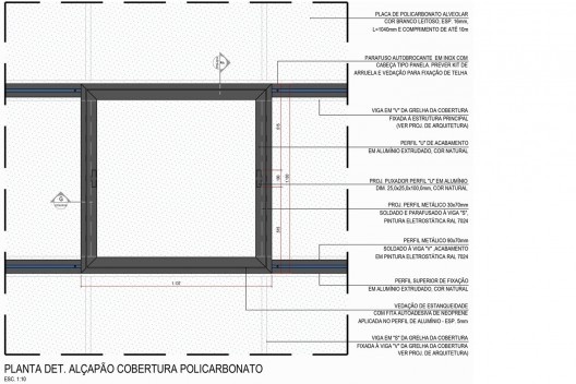 Arena da Juventude, detalhe da fixação do alçapão da cobertura em policarbonato, Parque Olímpico de Deodoro, Rio de Janeiro, RJ, Escritório Vigliecca & Associados<br />Imagem divulgação